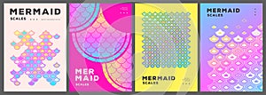 Set of summer disco posters or covers with holographic mermaid scale abstract texture.