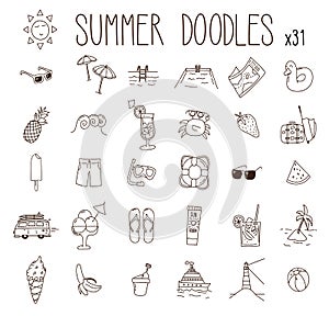 Set of 31 summer drawings. Vector doodle hand drawn icons. Beach, vacations, seasonal food and drink, summer illustratio