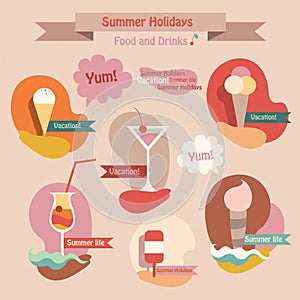 Set of summer drinks and food icecream, juice, cocktail