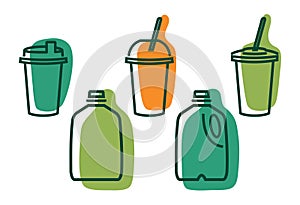 Set of summer drinks packaging in green and orange. Disposable takeaway cups and plastic gallons for milk, juice. Beverage design
