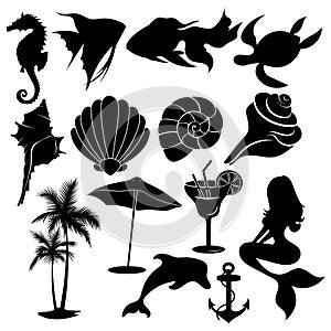 Set of summer elements. Collection of beach silhouettes. Vector illustration for kids. Tattoo.