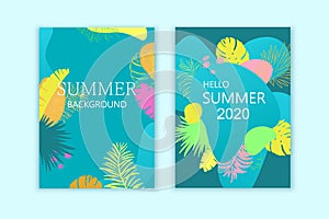 Set of summer exotic backgrounds, cards, brochures, covers. Bright colorful design, trendy style.