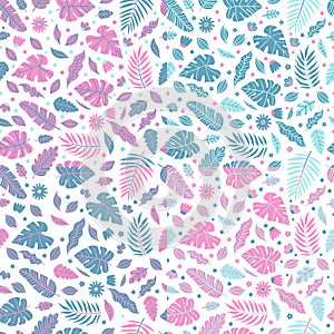 Set of Summer exotic floral tropical seamless pattern with palm, banana leaves in blue and pink color on the white.
