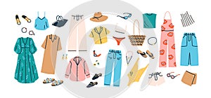 Set of summer fashion clothes vector flat illustration. Collection of trendy clothing for vacation or beach isolated on