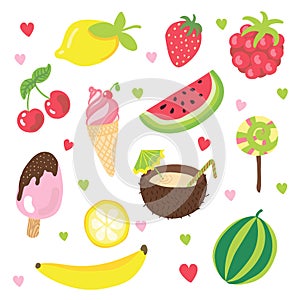 Set of summer fruits, ice cream and other food with relax, summer and vacation happy mood. Summer cartoon hand draw