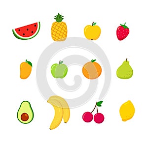 Set of summer fruits. Strawberry, cherry, watermelon, apple, pear, banana, orange