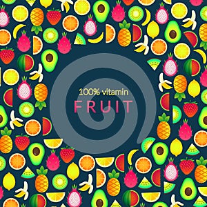 Set with summer fruits. Vector illustration with banana, pineapple,