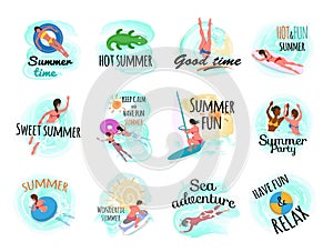 Set of summer fun and activities emblem design, people man and woman in various situations in water