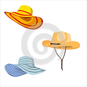 Set of summer hats, men`s and women`s hats, vector isolated on white background