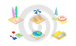 Set of summer holiday and beach objects. Surfboard, umbrella, swimming pool, deck chair vector illustration