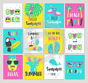 Set of Summer holiday cards. Hand drawn beautiful posters.