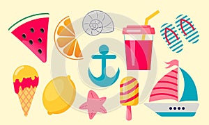 Set of summer icons food, drinks, fruits and boat.