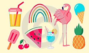 Set of summer icons food, drinks, fruits and flamingo