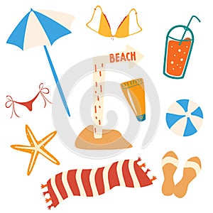 Set of summer items and beach objects. Beach accessories: umbrella, flip flops, towel, swimsuit, cocktail, ball, starfish, sign