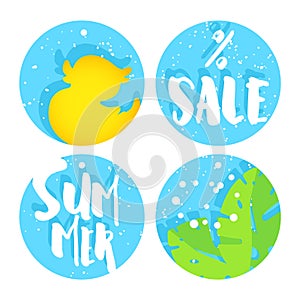 Set of summer labels for sale with duck, palm leaves and text on blue circles. Flat design. Vector background