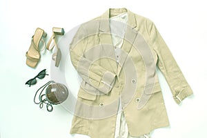 Set of summer linnen outfin with dress, jacket, glases and shoes