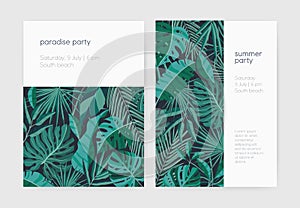 Set of summer party invitation or poster templates with lush tropical vegetation, exotic leaves or jungle foliage and