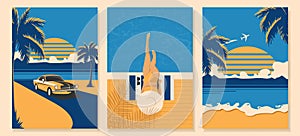 Set of summer posters in retro style with a car, a beach and a girl near the pool.