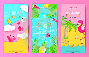 Set of summer sale banner templates with paper elements. Vector illustrations for website and mobile website banners, posters, ema