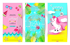 Set of summer sale banner templates with paper elements. Vector illustrations for website and mobile website banners, posters, ema