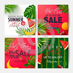 Set of summer sale banner templates with tropical leaves and fruits. Vector illustrations for website, banners, posters