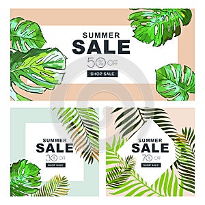 Set of summer sale banners with coconut palm leaves. Vector horizontal and square banners. Summer poster background.