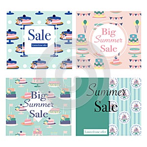 Set of 4 summer sale banners with colorful cakes. Vector elements. Creative template