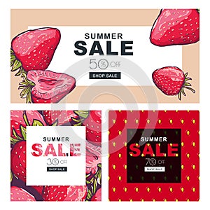 Set of summer sale banners with hand drawn red strawberries.