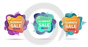 Set summer sale banners. Set bright summer cards with tropical summer leaves, pineapple and slippers. Fun summer quote design