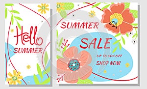 Set summer sale banners. Summer flowers and abstract shape. Design for social network, advertising