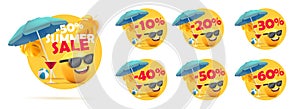 Set of summer sale discount price tags, circle shapes with 3d illustration of smiley face with umbrella and cocktails in