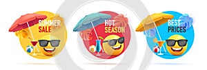 Set of summer sale discount tags, circle shapes with 3d illustration of smiley face with umbrella and cocktails in