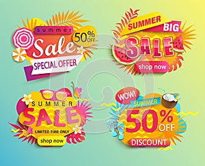 Set of summer sale and discounts stickers.