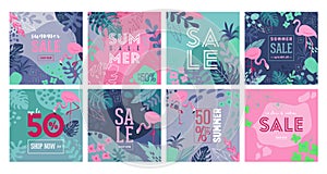 Set of Summer Sale poster with tropic leaves, flowers, flamingoes, advertisement banner and tropical background in modern flat