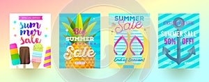 Set of summer sale promotion banners. Vacation, holidays and travel colorful bright background. Poster or newsletter design.