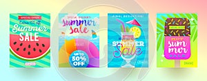 Set of summer sale promotion banners. Vacation, holidays and travel colorful bright background. Poster or newsletter design.