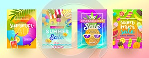 Set of summer sale promotion banners. Vacation, holidays and travel colorful bright background. Poster or newsletter design.