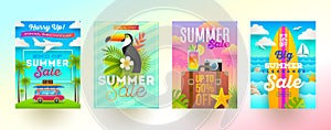 Set of summer sale promotion banners. Vacation, holidays and travel colorful bright background. Poster or newsletter design.