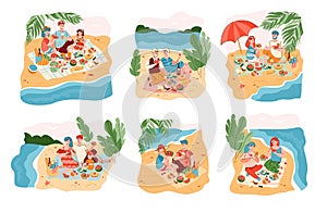 Set of summer scenes with people on picnic, flat isolated vector illustration.