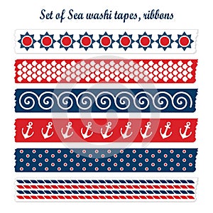 Set of summer sea washi tapes, ribbons, elements,