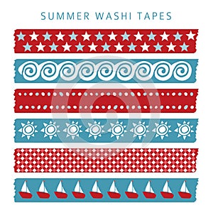 Set of summer sea washi tapes, ribbons, elements, patterns