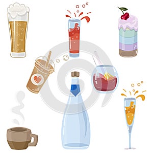 A set of summer soft and strong drinks. Water, juice, beer, champagne, cocktail, wine, tea, coffee - on a white