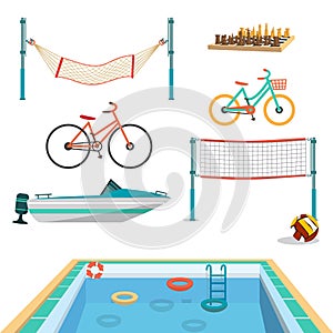 Set of summer sport beach objects. Swimming pool, motor boat