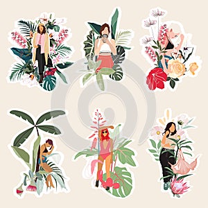 Set of summer spring cute elements. Woman on swimsuit with sunglasses  tropical leaves  ice cream  palm tree  donut etc.