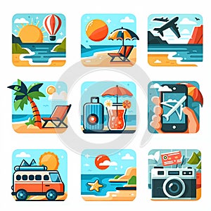 Set of summer stickers in flat style.