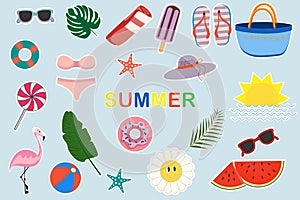 Set of summer stickers. Tropical themed icons for summer holidays. Vector collection of seasonal elements.