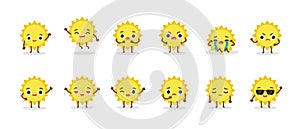 Set Summer Sun Emoji Characters. Mascots planet with faces and hands