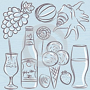 Set of summer symbols, clams, shells, cocktail, fruits, beer, i