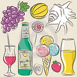 Set of summer symbols, clams, shells, cocktail, fruits, beer, i