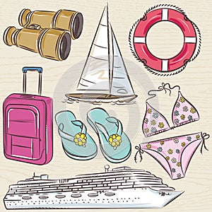 Set of summer symbols, cruise ship, boat, suitcase, swim suit,